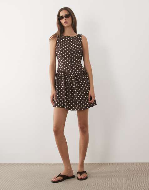 Brave Soul slash neck button down dropped waist mini dress in brown polka dots - view 1