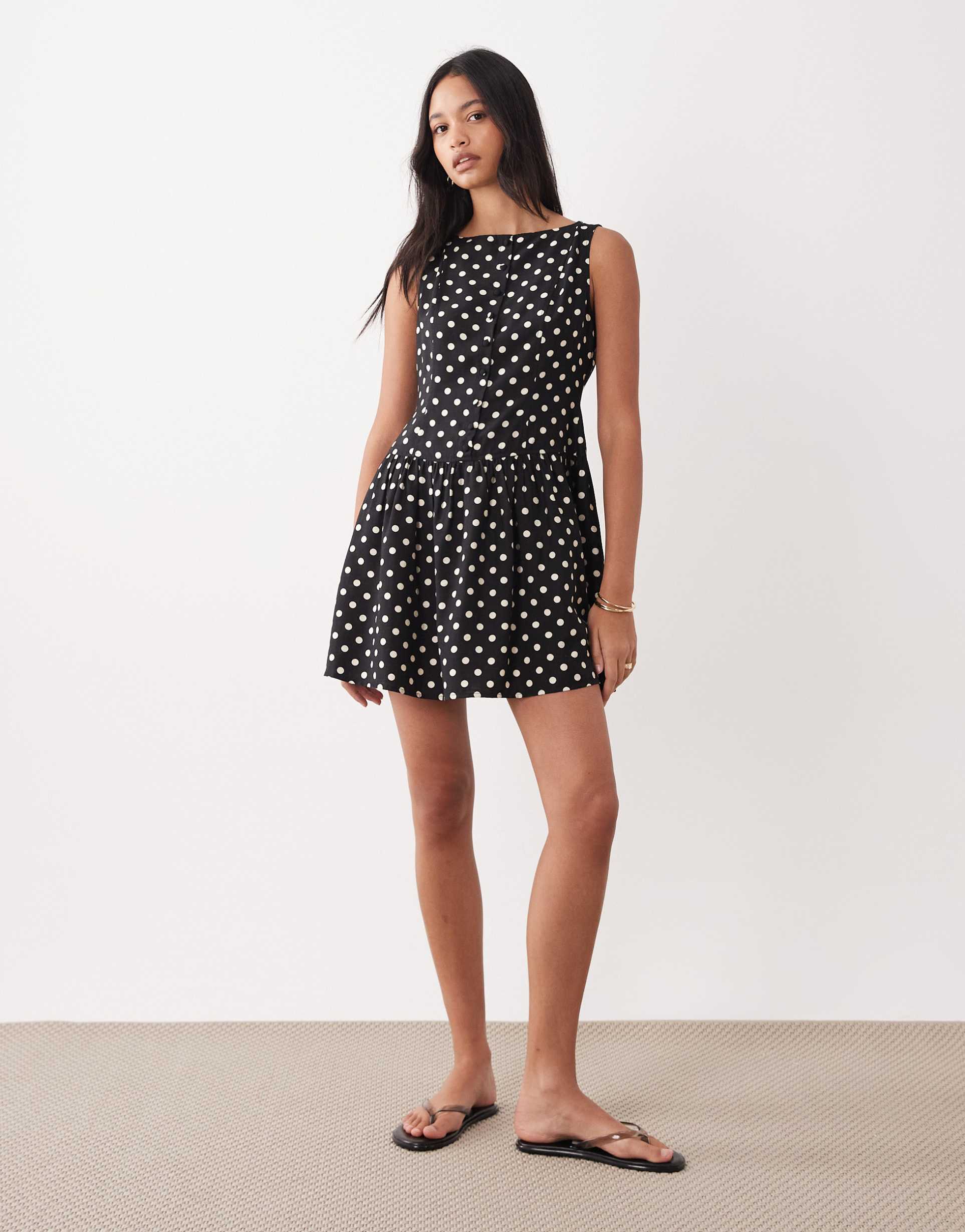 brave soul slash neck button down dropped waist mini dress in mono polka dot