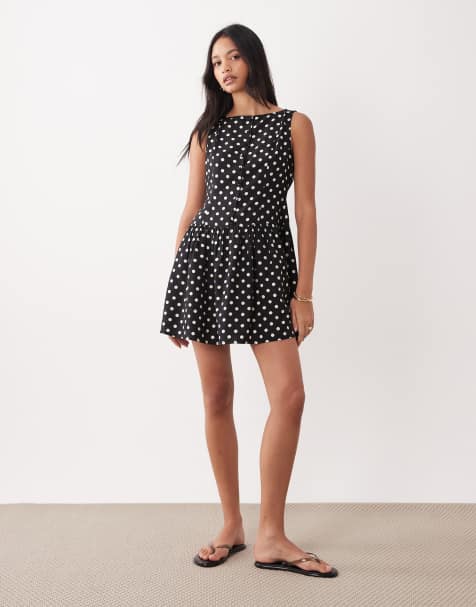 Brave Soul slash neck button down dropped waist mini dress in mono polka dot