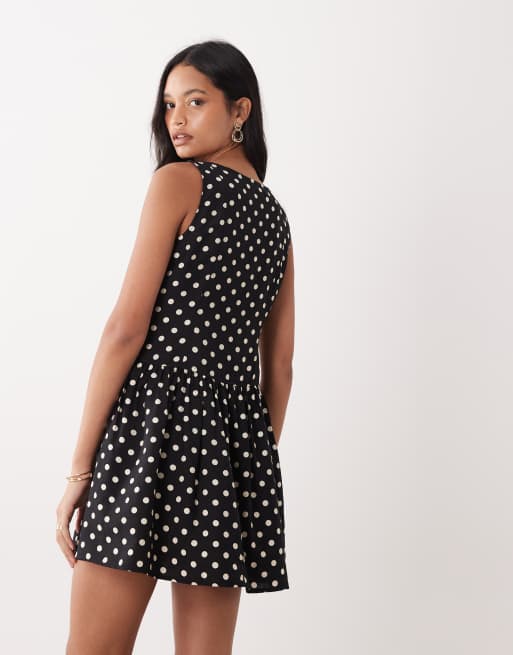 Brave Soul slash neck button down dropped waist mini dress in mono polka dot, 4 of 4