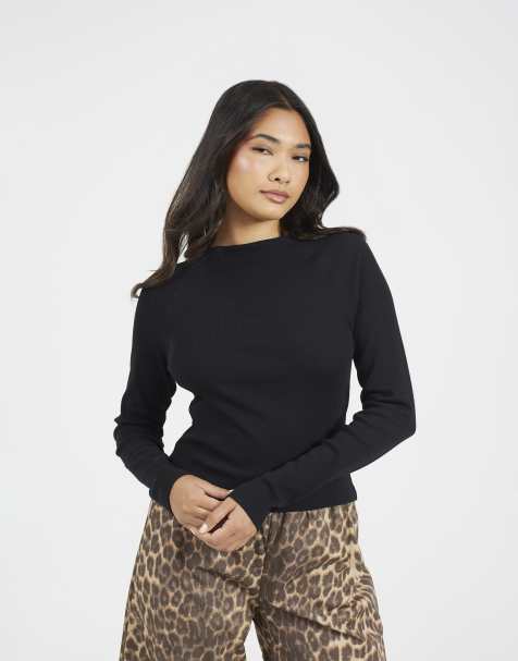 Brave Soul Slash neck long sleeve ribbed top in black