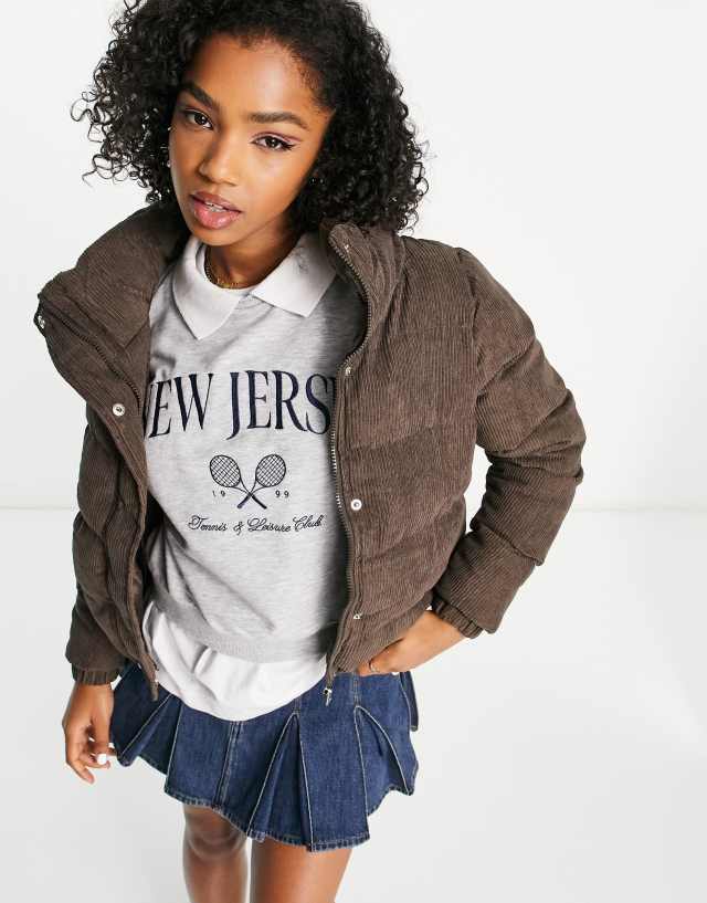 Brave Soul slay cord puffer jacket in chocolate brown