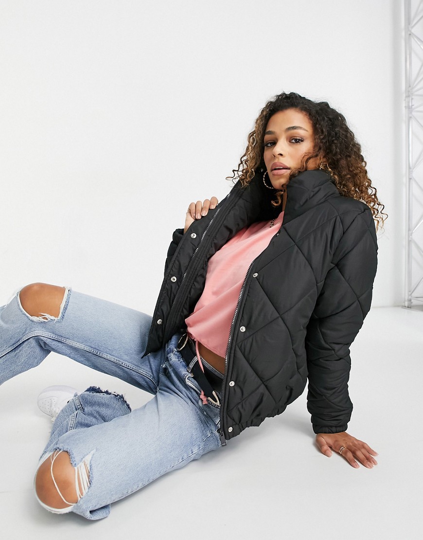 Brave Soul slay diamond quilted puffer jacket in black