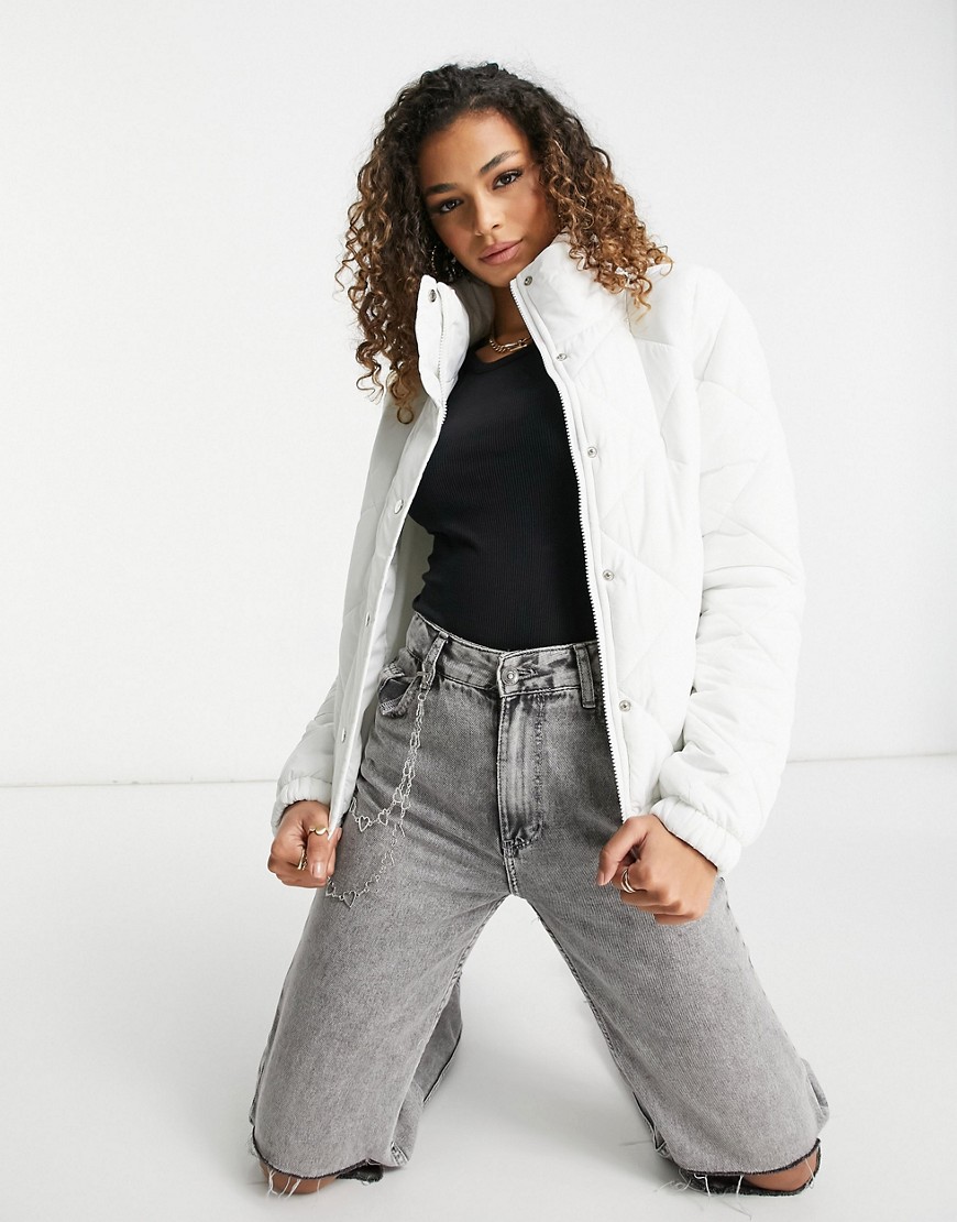 Brave Soul slay diamond quilted puffer jacket in white