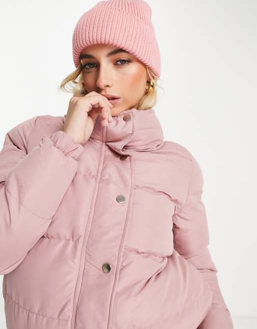 Brave Soul slay peach skin puffer jacket in pink