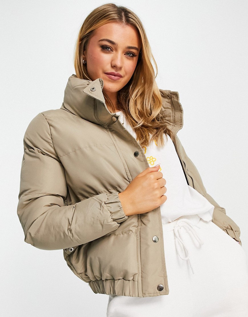 Brave Soul slay peach skin puffer jacket in taupe-Brown