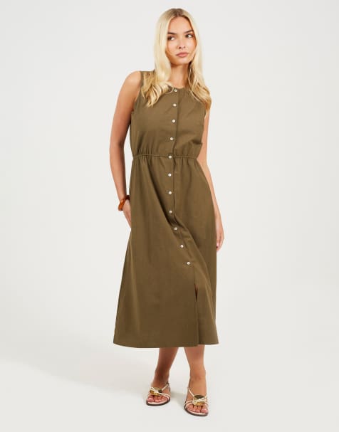 Brave Soul Sleeveless button down midi dress in khaki - view 1