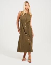 Brave Soul Sleeveless button down midi dress in khaki