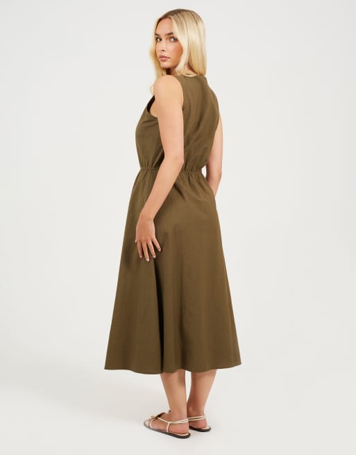 Brave Soul Sleeveless button down midi dress in khaki, 2 of 4