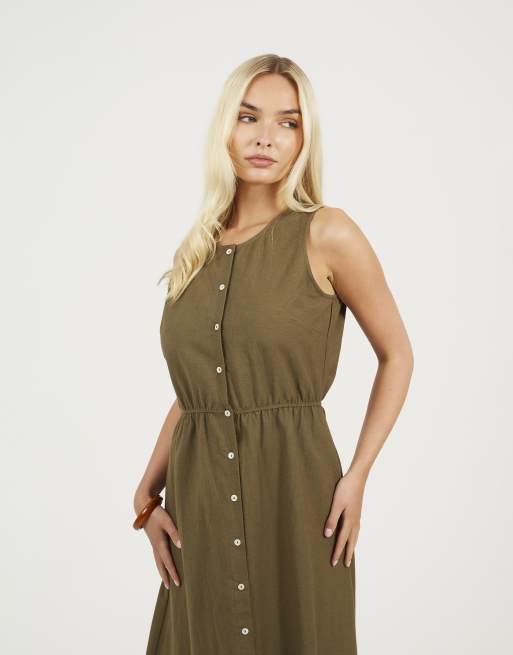 Brave Soul Sleeveless button down midi dress in khaki, 3 of 4