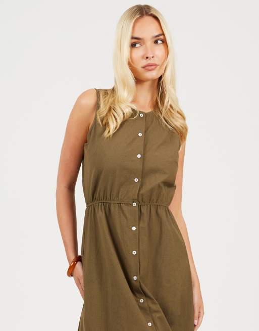 Brave Soul Sleeveless button down midi dress in khaki, 4 of 4
