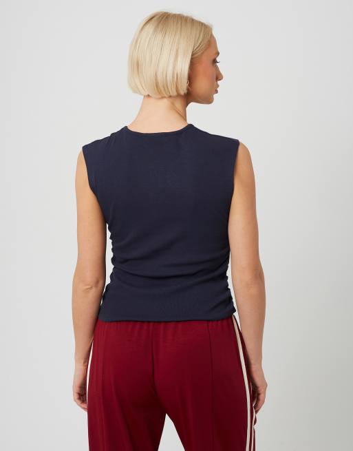 Brave Soul Sleeveless button neck top with ruched detail in navy, 2 of 4