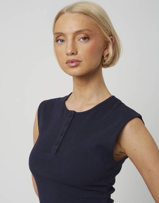 Brave Soul Sleeveless button neck top with ruched detail in navy, 4 of 4