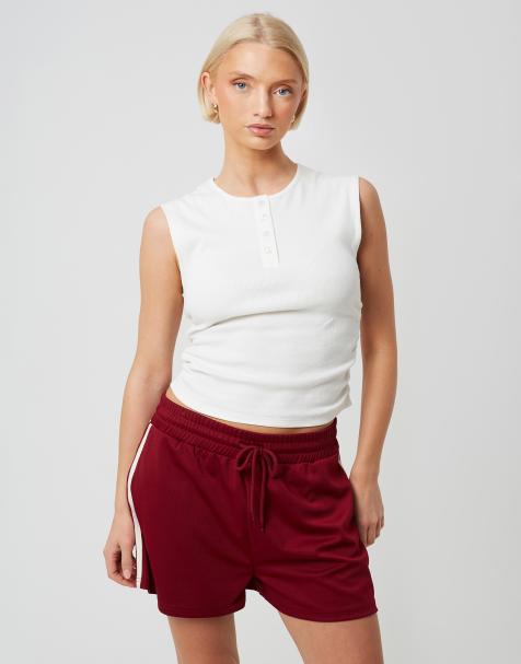 Brave Soul Sleeveless button neck top with ruched detail in off white - view 1