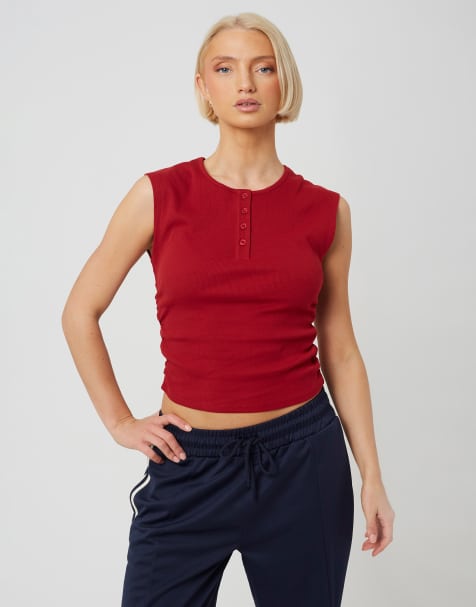 Brave Soul Sleeveless button neck top with ruched detail in red - view 1