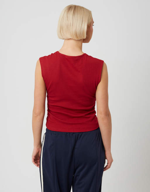 Brave Soul Sleeveless button neck top with ruched detail in red, 2 of 4