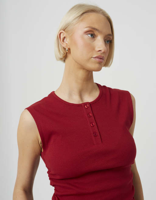 Brave Soul Sleeveless button neck top with ruched detail in red, 4 of 4