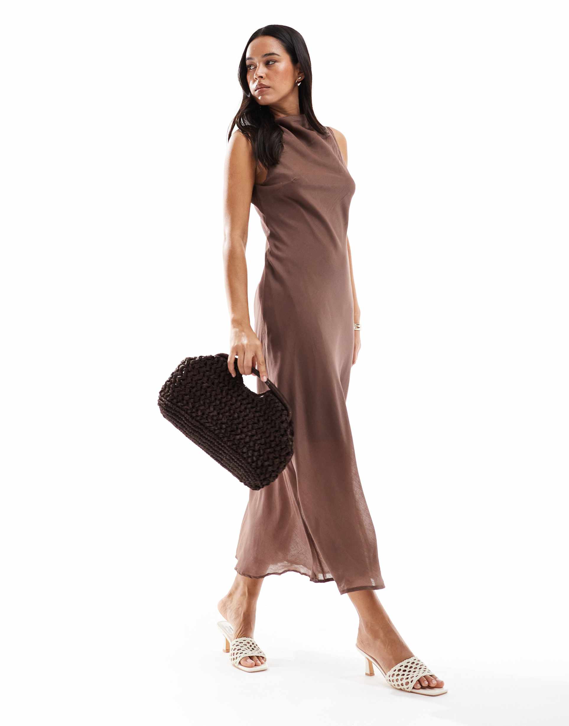 brave soul sleeveless high neck midaxi dress in mocha brown