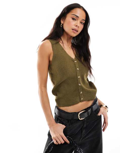 Brave Soul sleeveless knit vest with contrast buttons in khaki - view 1