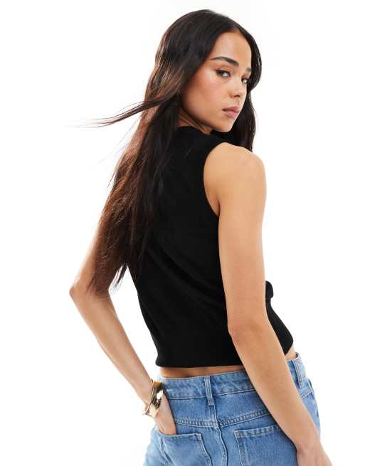 Brave Soul sleeveless knitted singlet with contrast buttons in black, 3 of 4