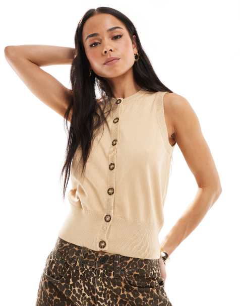 Brave Soul sleeveless knitted vest with contrast buttons in camel - view 1