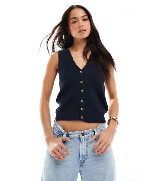 Brave Soul sleeveless knitted vest with contrast buttons in navy - view 1