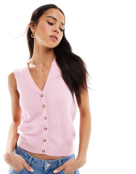 Brave Soul sleeveless knitted vest with contrast buttons in pink - view 1