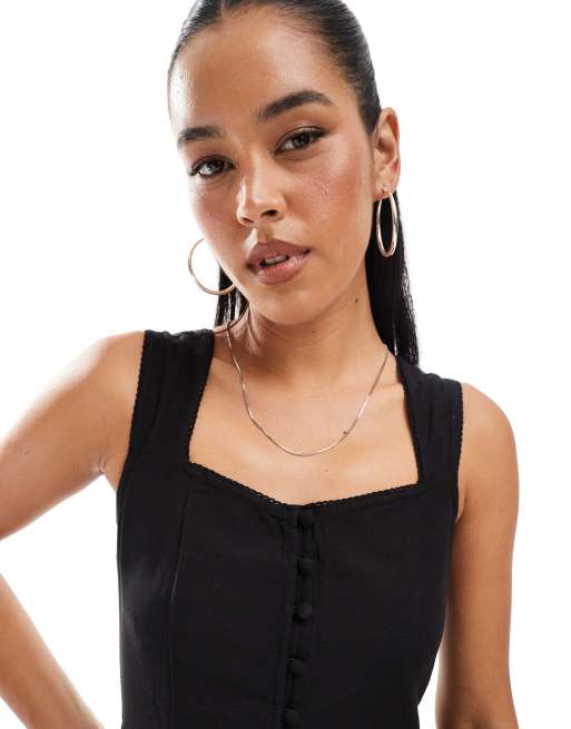 Brave Soul sleeveless playsuit with button detail in black, 2 of 4