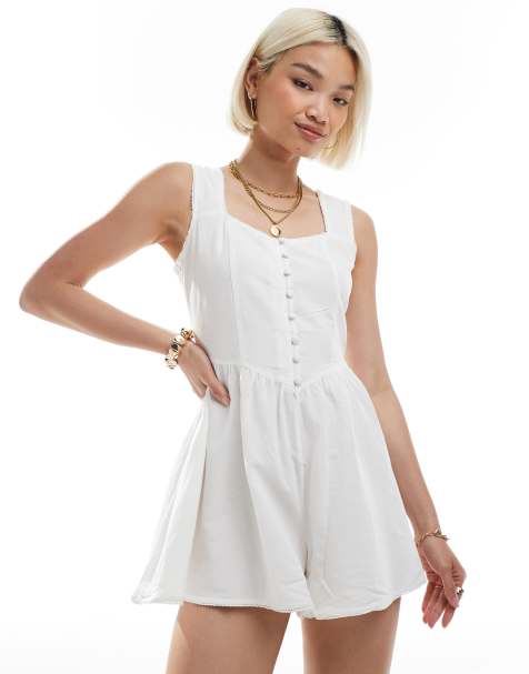 Brave Soul sleeveless playsuit with button detail in white - view 1