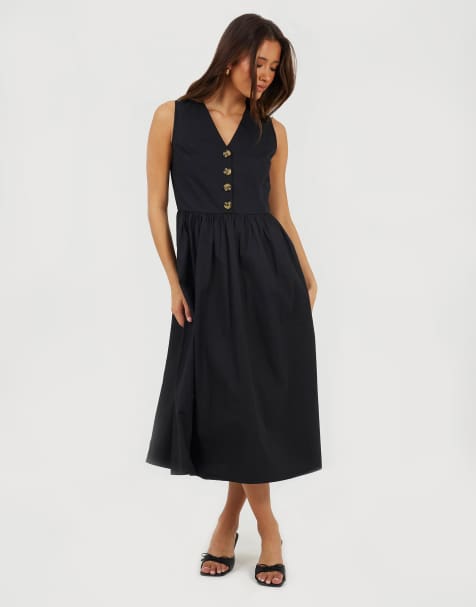 Brave Soul Sleeveless v-neck button down midi dress in black - view 1