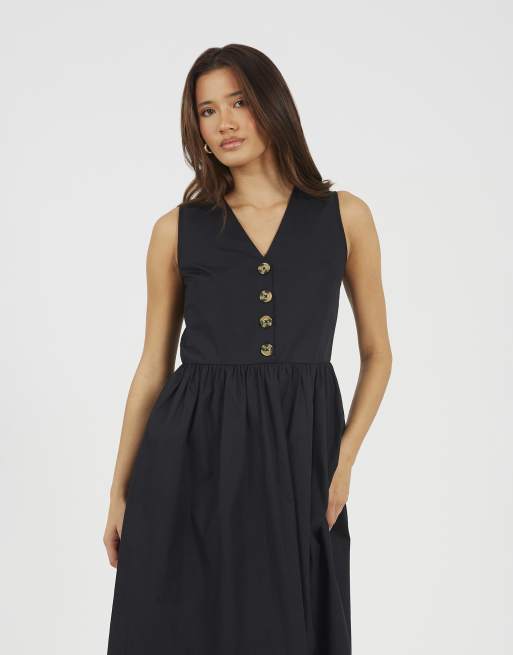 Brave Soul Sleeveless v-neck button down midi dress in black, 2 of 4