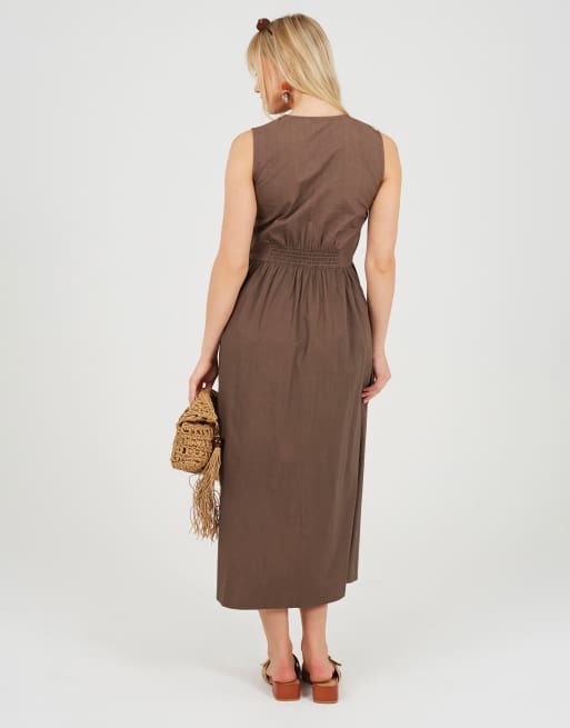 Brave Soul Sleeveless v-neck button down midi dress in brown, 3 of 4