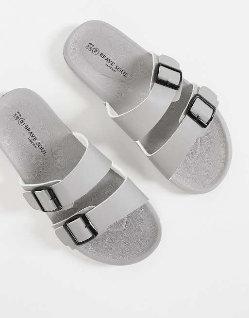 Brave Soul – Slider in Grau mit zwei Schnallen und geformtem Fußbett