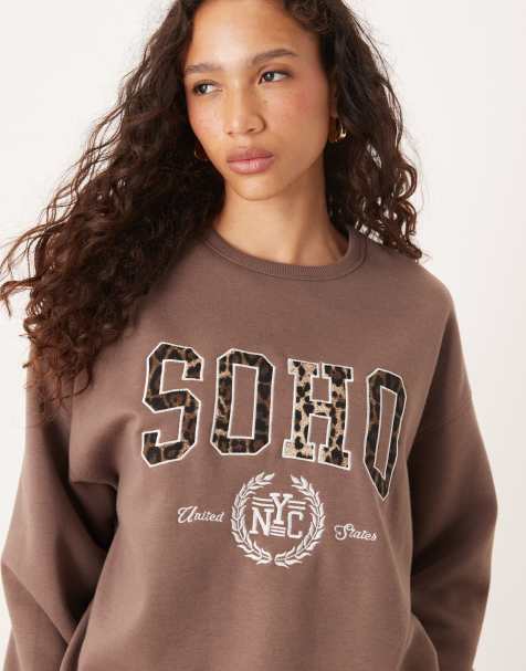 Brave Soul Slogan crew neck sweatshirt in taupe - view 1