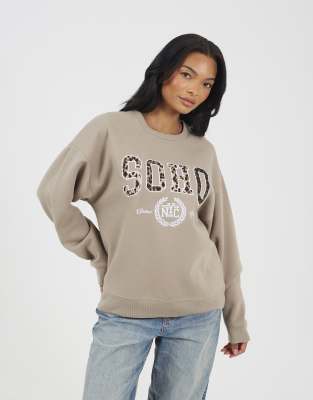 Brave Soul Slogan crew neck sweatshirt in taupe-Neutral