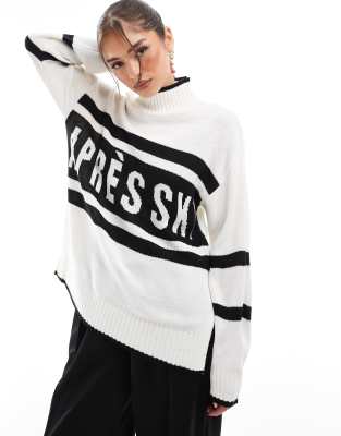 Brave Soul slogan high neck jumper in white and black