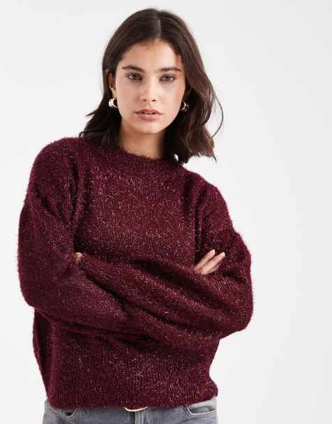 Brave Soul slouchy fit knit crew neck sweater in deep wine - view 1