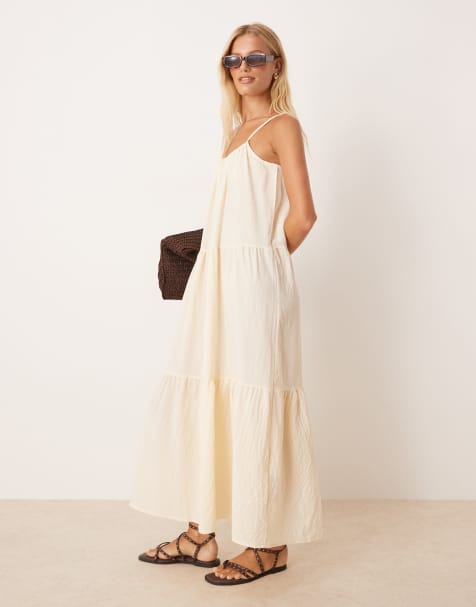 Brave Soul Smock tiered midi dress in cream