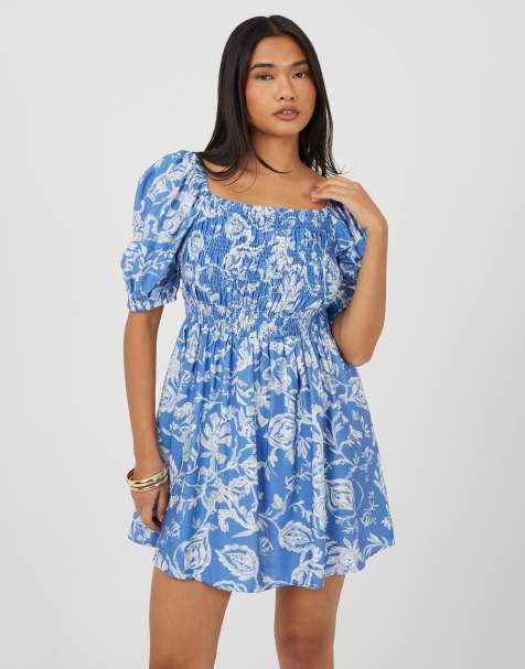 Brave Soul Smocked short sleeve mini dress in blue - view 1