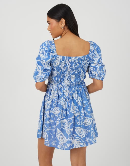 Brave Soul Smocked short sleeve mini dress in blue, 2 of 4