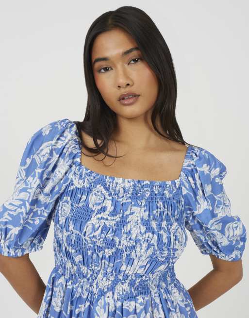 Brave Soul Smocked short sleeve mini dress in blue, 4 of 4