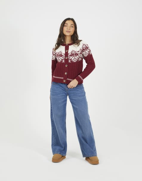 Brave Soul Snowflake fairisle christmas cardigan in burgundy - view 1