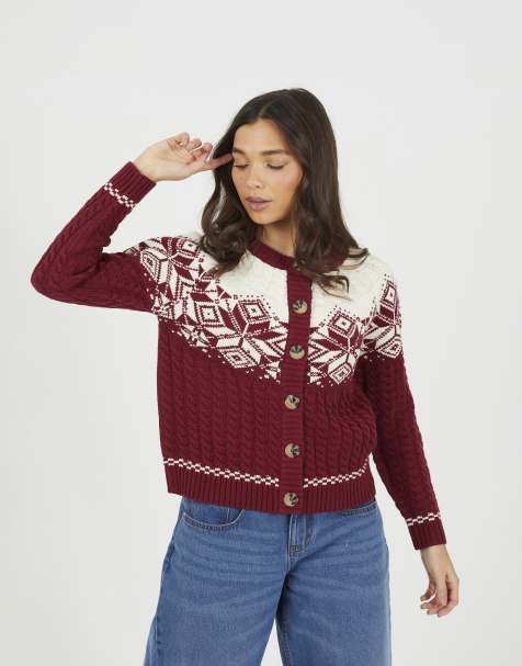 Brave Soul Snowflake fairisle christmas cardigan in burgundy