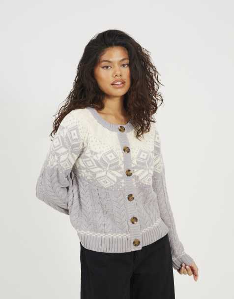 Brave Soul Snowflake fairisle christmas cardigan in grey