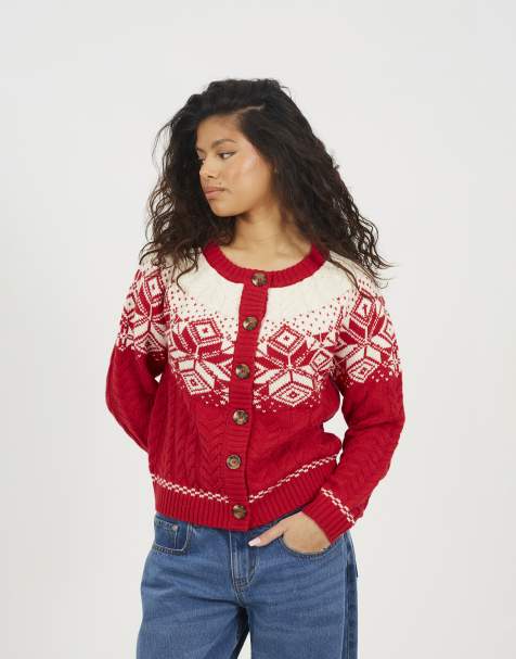 Brave Soul Snowflake fairisle christmas cardigan in red - view 1