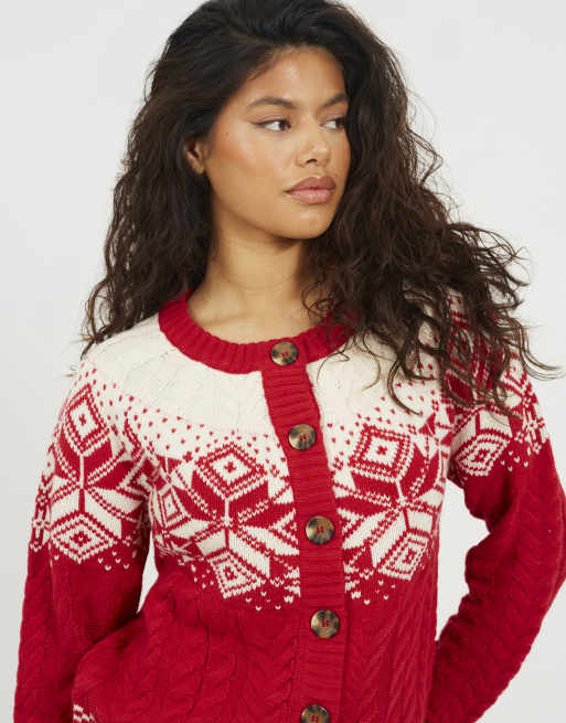 Brave Soul Snowflake fairisle christmas cardigan in red, 3 of 4