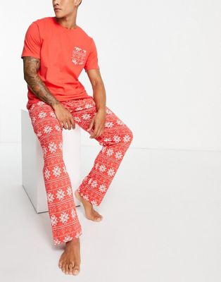 Brave Soul snowflake fairisle pyjama set in red and white