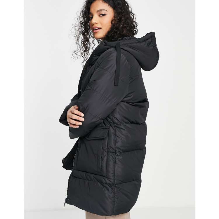 Brave Soul snowstar long hooded puffer coat in black | ASOS