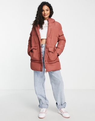 Brave Soul snowstar long hooded puffer coat in rosewood pink