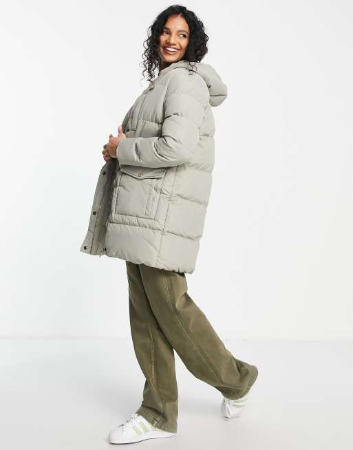Brave Soul snowstar long hooded puffer coat in sage | ASOS